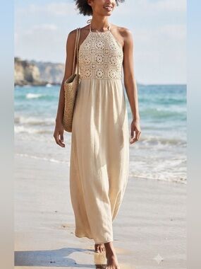Zara Cream Crochet Halter Cotton Maxi Dress
